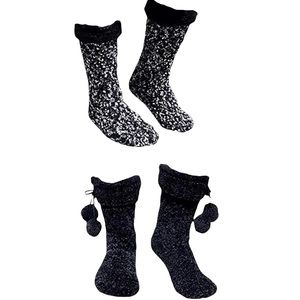Jane & Bleecker 2 Pair Slipper Socks in Black Popcorn Stitch -& Black Chenille